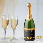 Birthday black gold glitter drip monogram name sparkling wine label<br><div class="desc">Faux gold colored ribbon and bow with faux gold glitter drips,  paint dripping look.  A chic black background. Personalize and add a name and a date.  With the text. Happy 21st (or any age) Birthday. Golden colored letters,  a modern hand lettered style script.</div>