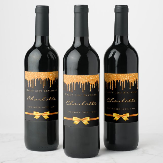 Birthday black gold glitter drip monogram name wine label (Bottles)