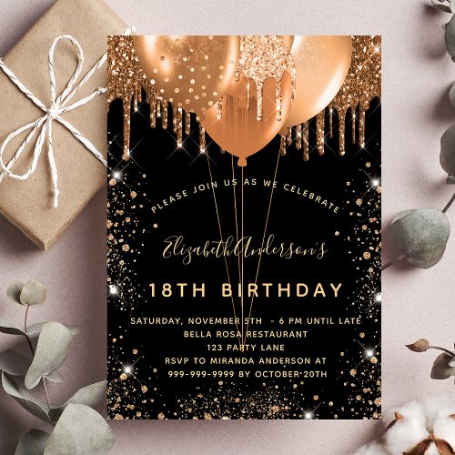 Birthday black gold glitter drips balloons invitation