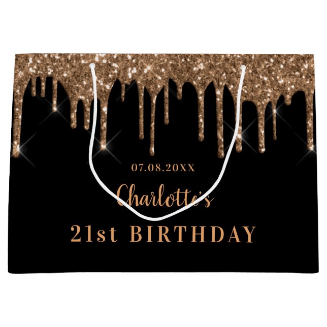 Birthday black gold glitter drips monogram luxury large gift bag (Front)