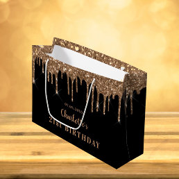 Birthday black gold glitter drips monogram luxury large gift bag