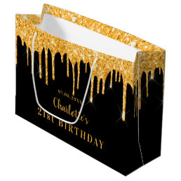 Birthday black gold glitter drips name elegant large gift bag