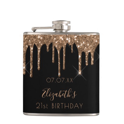 Birthday black gold glitter drips name flask