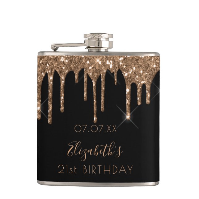 Birthday black gold glitter drips name flask (Front)