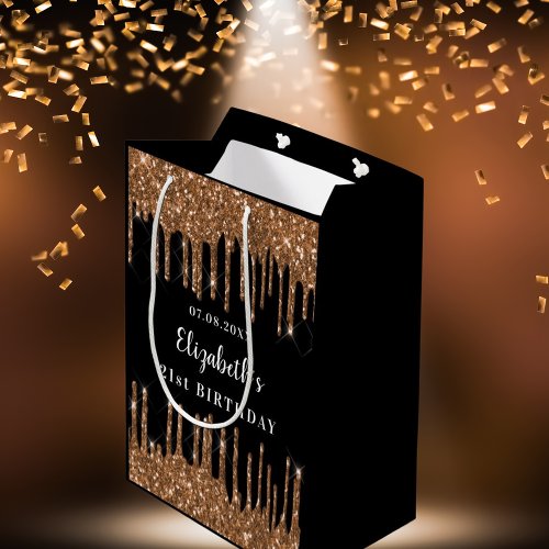 Birthday black gold glitter drips name glamorous medium gift bag