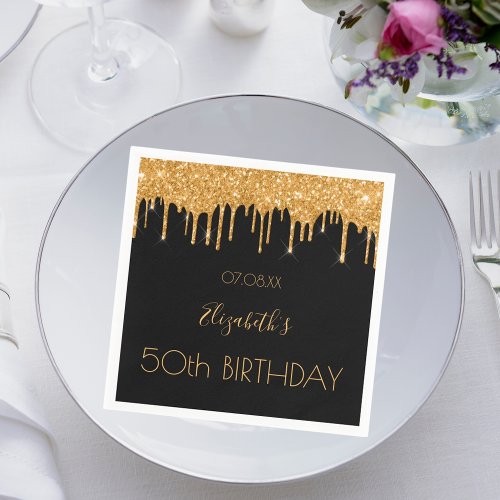 Birthday black gold glitter drips name napkins
