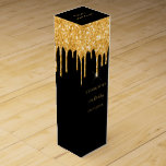 Birthday black gold glitter drips name wine box<br><div class="desc">Black background decorated with faux gold glitter drips,  paint dripping look. Personlaize and add a name,  age and date.</div>