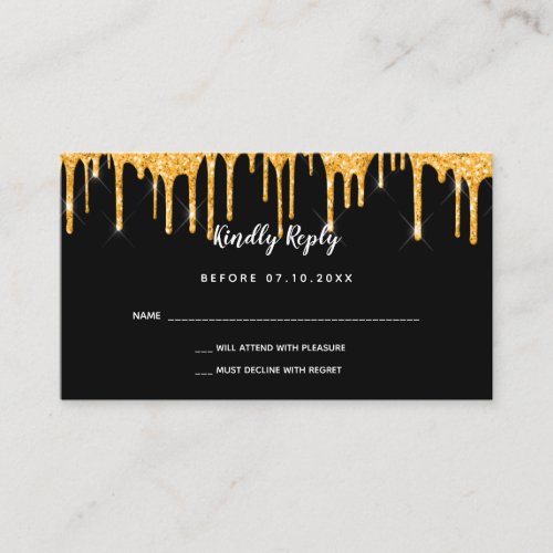 Birthday black gold glitter drips party RSVP Enclosure Card