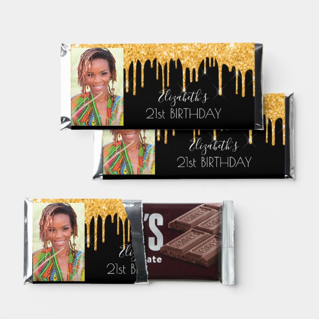 Birthday black gold glitter drips photo hershey bar favors (Front)