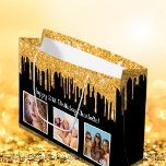 Birthday black gold glitter drips photo name large gift bag<br><div class="desc">For a 21st (or any age) birthday.  An elegant black background. With faux gold glitter drips,  paint dripping look.  Personalize and add 3 of your own photos,  a date,  name and age 50. The name is written wit a modern hand lettered style script.</div>