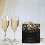Birthday black gold glitter dust friends flask<br><div class="desc">A gift for a girly and glamorous 21st (or any age) birthday party. A stylish black background with elegant faux gold glitter dust. The text: The name is written in golden with a modern hand lettered style script. Personalize and add a name, age 21 and a date. Add your own...</div>