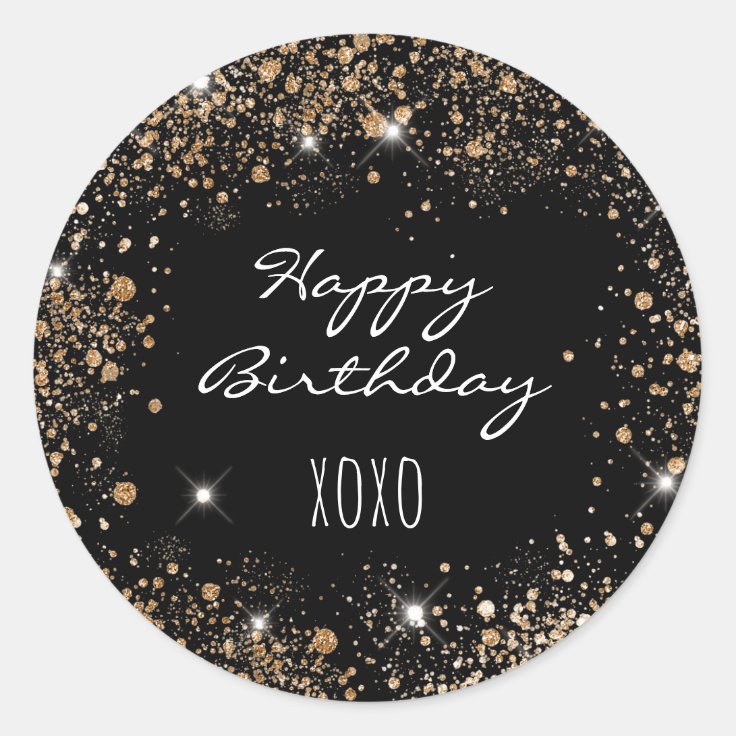 Birthday black gold glitter dust hugs kisses classic round sticker | Zazzle