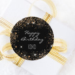 Birthday black gold glitter dust hugs kisses classic round sticker<br><div class="desc">A classic black background. Decorated with faux gold glitter dust. With the text: Happy Birthday xoxo. (hugs and kisses)</div>