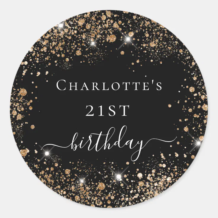 Birthday Black Gold Glitter Dust Monogram Name Classic Round Sticker Zazzle