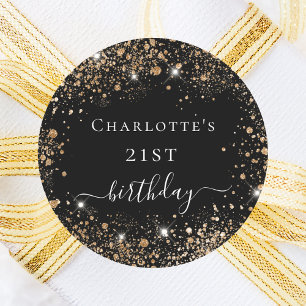 Birthday black gold glitter dust monogram name classic round sticker