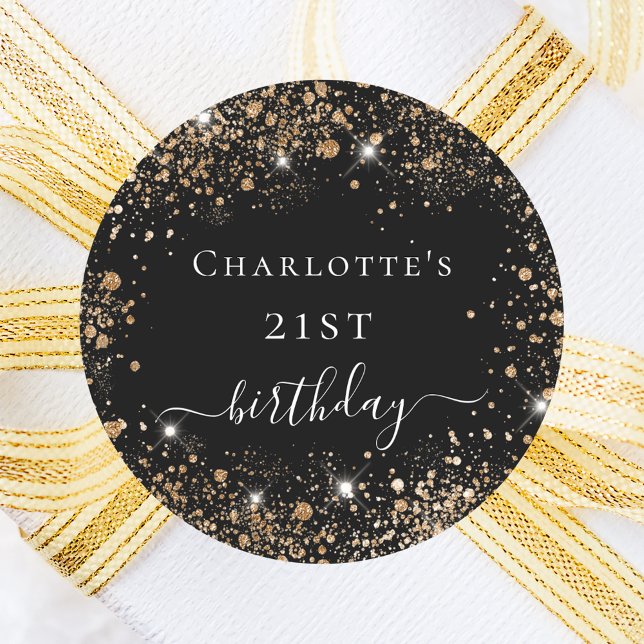 Birthday black gold glitter dust monogram name  classic round sticker (Creator Uploaded)