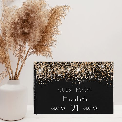 Birthday black gold glitter dust monogram name guest book