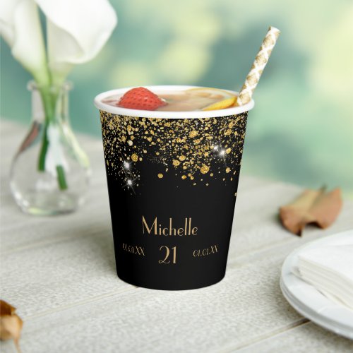 Birthday black gold glitter dust monogram paper cups