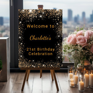 Birthday black gold glitter dust monogram welcome foam board