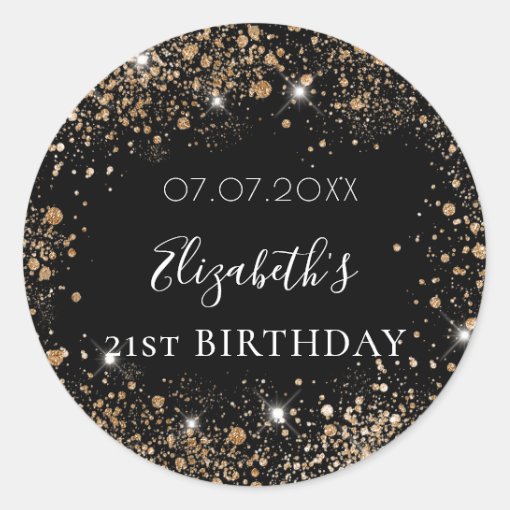 Birthday black gold glitter dust name date classic round sticker | Zazzle