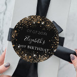 Birthday black gold glitter dust name date classic round sticker<br><div class="desc">For an elegant 21st (or any age) birthday. A classic black background. Decorated with faux gold glitter dust. Personalize and add a date,  name and age 21.
Can be used for party favors and also as a Save the Date reminder for the guests.</div>