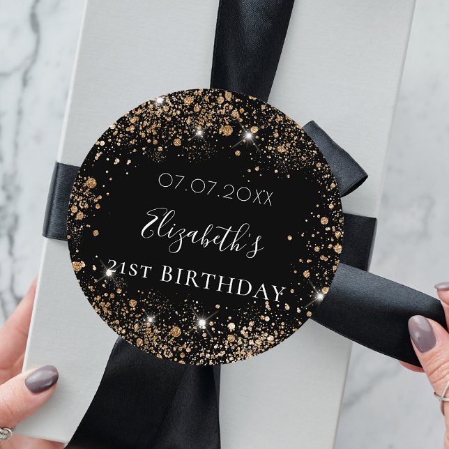 Birthday black gold glitter dust name date classic round sticker (Creator Uploaded)