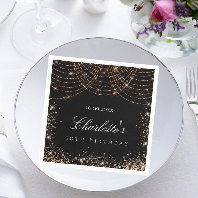 Birthday black gold glitter dust name elegant glam napkins (Creator Uploaded)
