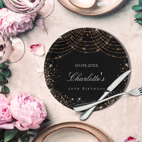 Birthday black gold glitter dust name elegant glam paper plates