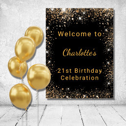 Birthday black gold glitter dust name glam welcome poster