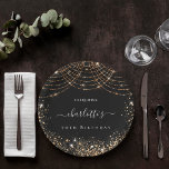 Birthday black gold glitter dust name script paper plates<br><div class="desc">For a glamorous 50th (or any age) birthday party. A stylish black background. Decorated with faux gold glitter dust and alight strings.  Personalize and add a date,  name and age 50</div>