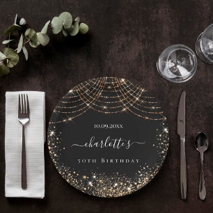 Birthday black gold glitter dust name script paper plates