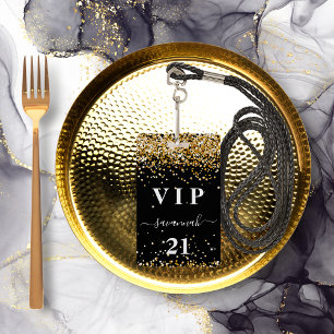 Birthday black gold glitter dust name vip badge