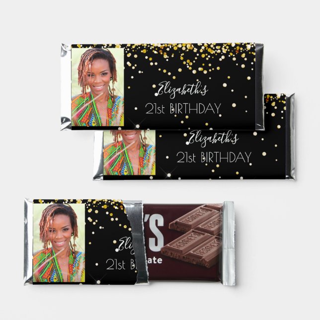 Birthday black gold glitter dust photo hershey bar favors (Front)