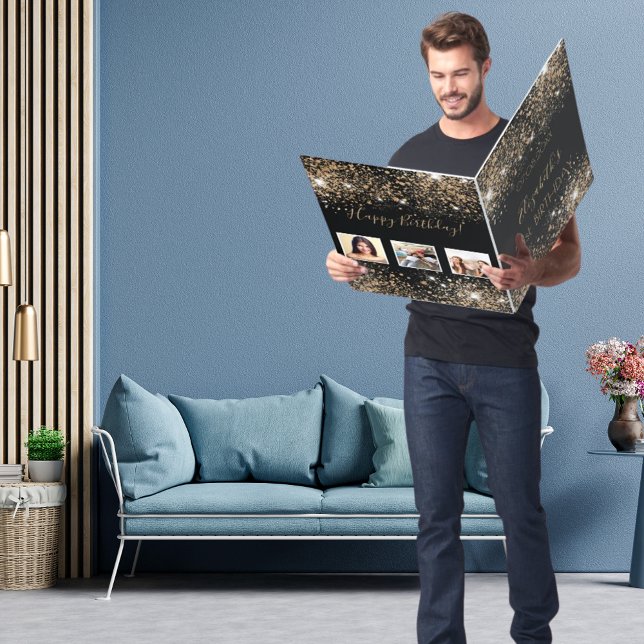 Birthday black gold glitter dust photo name  card (Creator Uploaded)