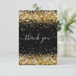 Birthday black gold glitter dust thank you card
