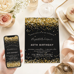 Birthday black gold glitter glamorous invitation