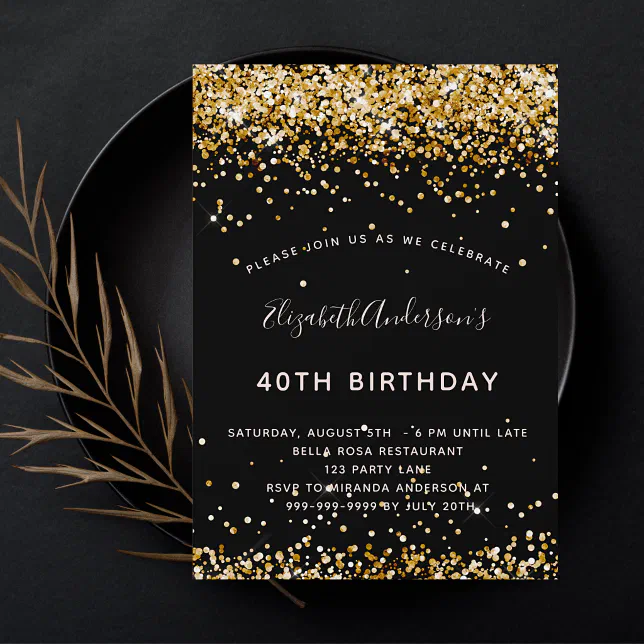 Birthday black gold glitter glamorous invitation | Zazzle