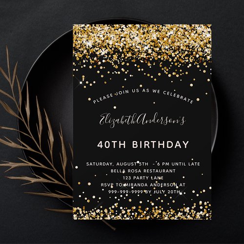 Birthday black gold glitter glamorous party invitation postcard