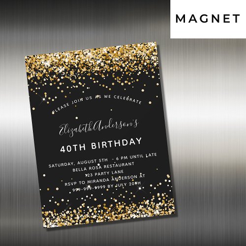 Birthday black gold glitter glamorous party magnetic invitation