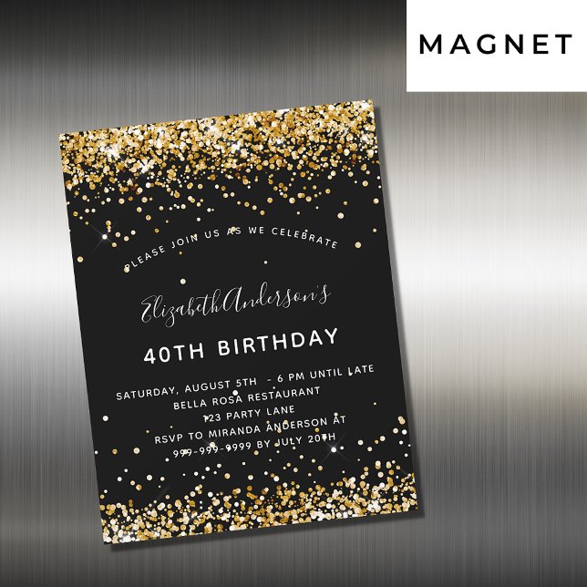 Birthday black gold glitter glamorous party magnetic invitation (Creator Uploaded)