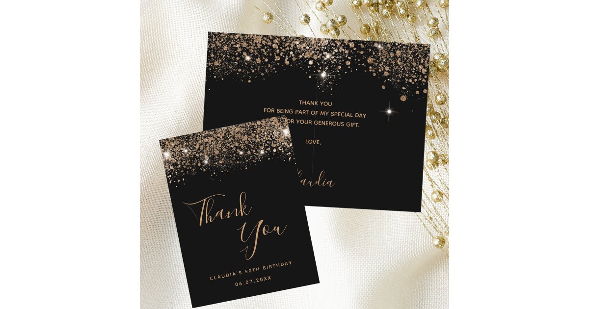 Birthday black gold glitter glamorous thank you postcard | Zazzle