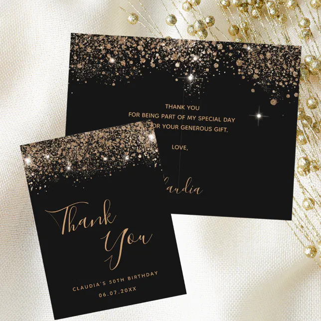 Birthday black gold glitter glamorous thank you postcard | Zazzle