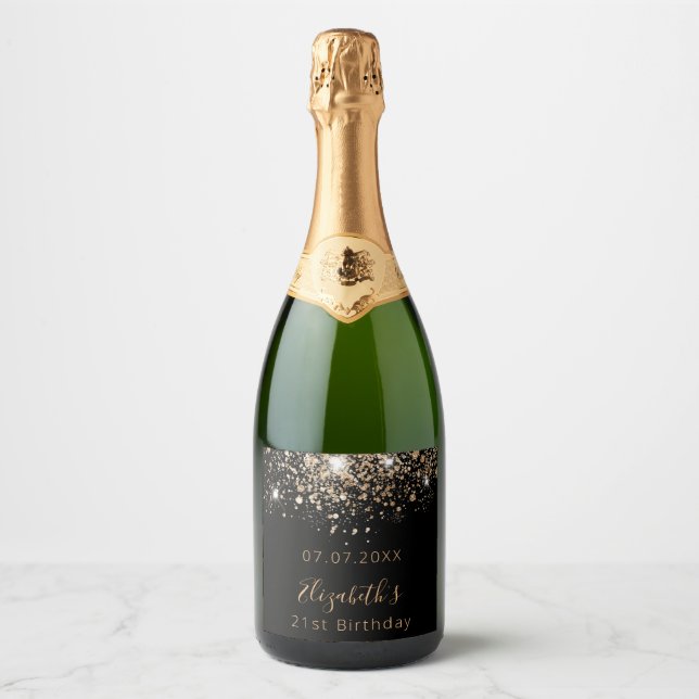 Birthday black gold glitter monogram chic  sparkling wine label (Front)