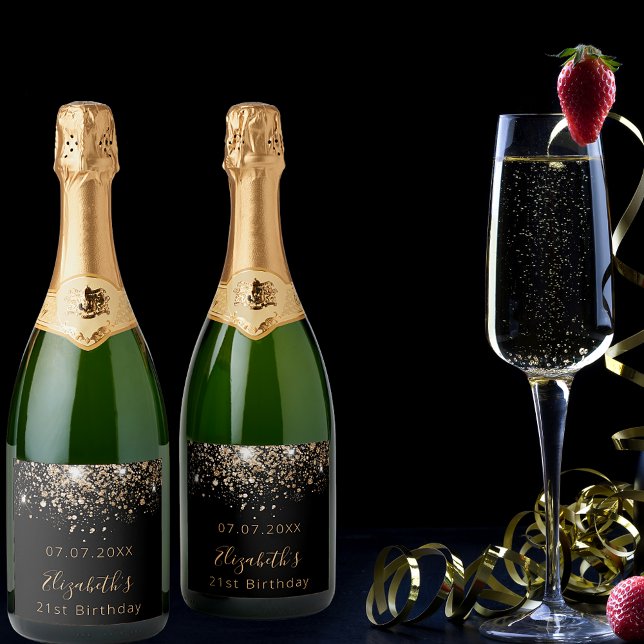 Birthday black gold glitter monogram chic  sparkling wine label (Creator Uploaded)