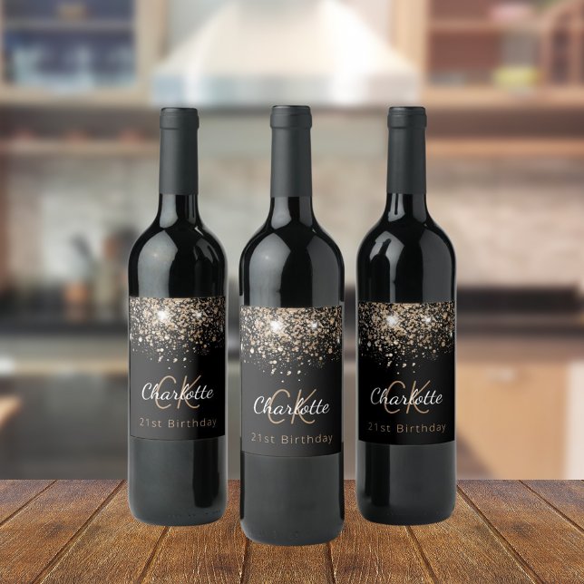 Birthday black gold glitter monogram initials wine label (Creator Uploaded)