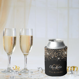 Birthday black gold glitter monogram name can cooler