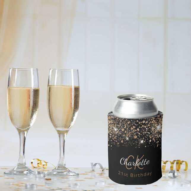 Birthday black gold glitter monogram name can cooler (Creator Uploaded)
