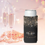 Birthday black gold glitter monogram name seltzer can cooler<br><div class="desc">For a girly and glamorous 21st (or any age) birthday party with the girls.  A chic black background with faux gold glitter spots. Personalize and add a name and monogram initials. The name is written in a golden color with a modern hand lettered style script.  White and golden letters.</div>