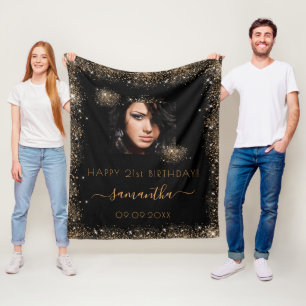 Birthday black gold glitter monogram photo fleece blanket