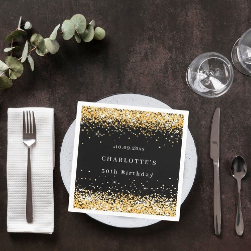 Birthday black gold glitter name elegant napkins